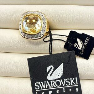 Swarovski Ring Swan Signed Sterling Silver Cocktail Yellow 5 Halo Gold Plated